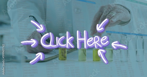 Handling sample vials, scientist in white coat and tie at lab bench, Click Here data overlay