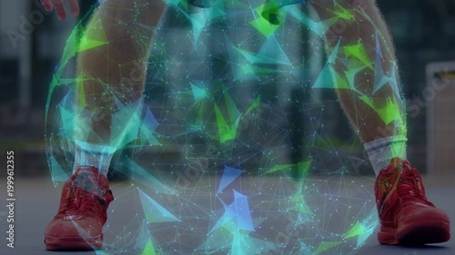 Player pushing ball, executing between-legs dribbles, training footwork under holographic sphere