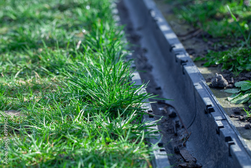 Tableau sur toile Garden drainage channel with green grass growing