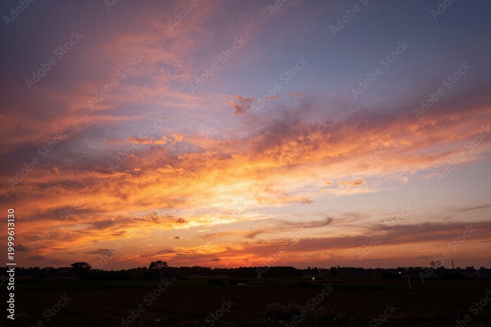 Obraz premium Colorful sunset sky glowing over flat agricultural fields