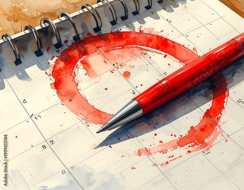 Watercolor calendar with red circle and pen