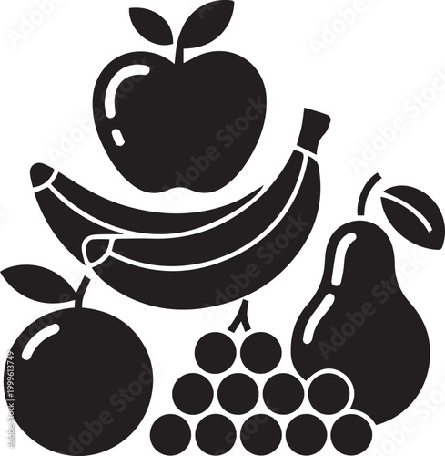 Black and White Icon Set of Fresh Fruits Including Apple Banana Pear Grapes and Orange