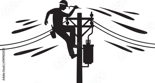 Lineman Working On Power Lines Electricity Pole Silhouette