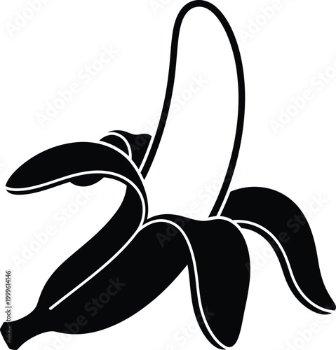 Black silhouette of a partially peeled banana with curved fruit and open peel.
