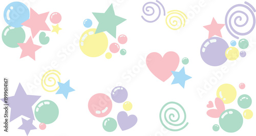 Whimsical Pastel Aesthetic Decorative Clusters Featuring Stars Hearts Bubbles and Swirls for Social Media Decals and Creative Stationery
