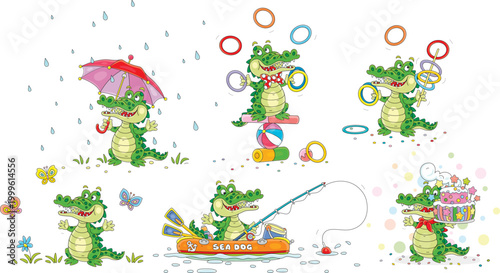 Funny green crocodile, a set of vector cartoon illustrations on a white background