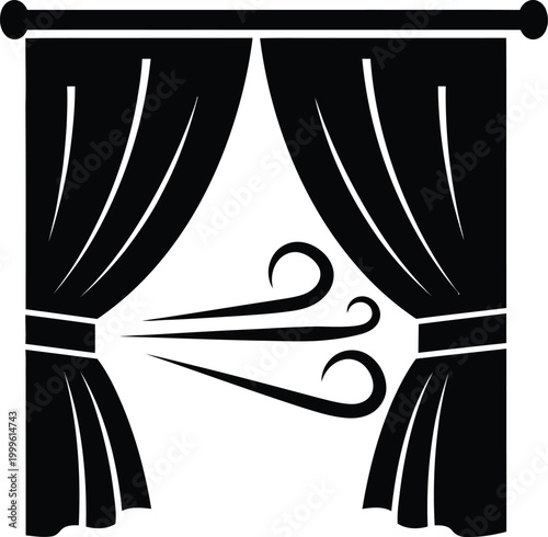 Black silhouette of curtains blown open by wind with swirling air currents.