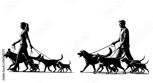 Male and female dog walkers, sitters walking with group of pets silhouettes. Transparent SVG.