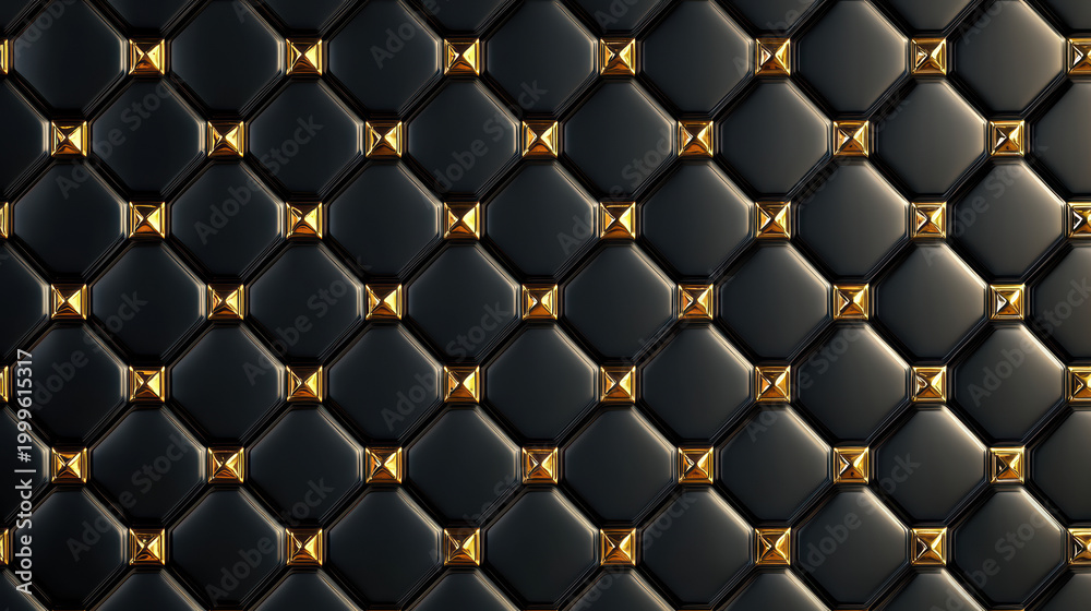 Fototapeta premium Elegant black leather upholstery with golden pyramid studs creates a luxurious quilted diamond pattern, perfect for backgrounds or designs with a sophisticated feel.