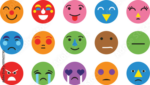 Vibrant Geometric Emoji Icon Set with Diverse Facial Expressions for Customer Feedback Social Media Communication Mental Health Psychology and Modern Digital App Interface Designs