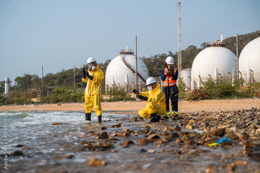 Fototapeta premium Environmental scientists in protective hazmat suits collecting water samples for pollution analysis and ecological research at an industrial site.