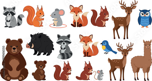 Cartoon Forest Animal Icon Set Featuring Raccoon, Squirrel, Fox, Deer, Bear, Owl, Mouse, and Boar in Cute Style