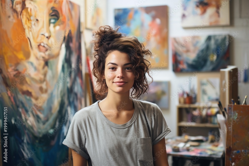 Fototapeta premium Young woman smiling, standing in her art studio surrounded by paintings