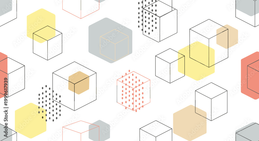 Obraz premium Minimal cube outlines with abstract spacing, seamless pattern, repeating pattern, surface design, textile print, soft color palette, modern illustration, no