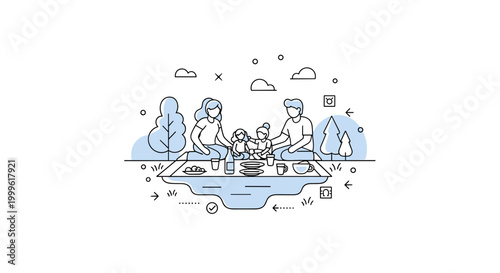 Lakeside gathering. A single picnic setup features simple dishes and drinks with a family seated around, connected by subtle lines. Tiny dots and icons