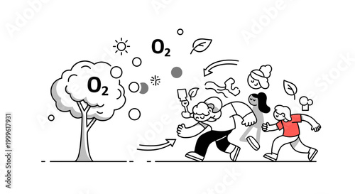 Oxygen production. A single stylized tree releases clean circular shapes representing oxygen, while darker shapes fade away nearby. Tiny sun and leaf icons
