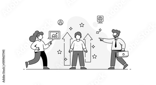 Leadership development. A central figure stands with subtle upward arrows and stars around them, while a mentor points toward a goal. Tiny icons emphasize