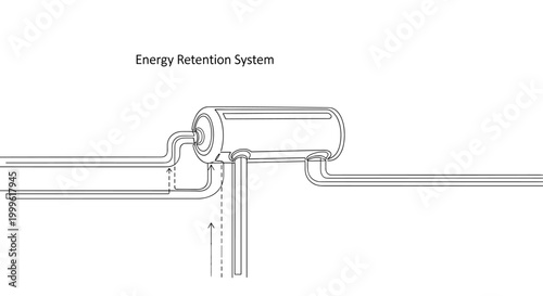 "Energy Retention System". Minimalistic one-line drawing cylindrical storage unit connected to pipes with temperature lines, continuous single black line on