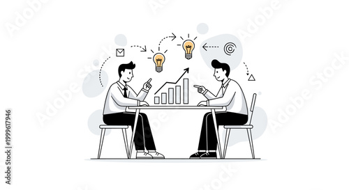 Executive coaching. A confident leader sits across from a coach at a simple table, with a growth chart rising between them. Small arrows and lightbulb icons