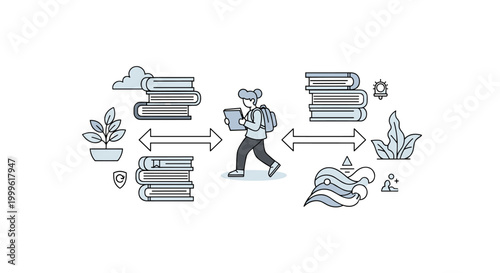 Balanced study life. A single student is shown between books and calming elements like plants or waves, with arrows connecting both sides. Tiny icons highlight
