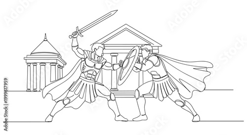 "Good vs Evil". Minimalistic one-line drawing hero and villain in dynamic combat pose with temple architecture in background, continuous single black line on