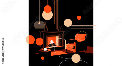 cozy interior scene with fireplace, chair, and soft lighting elements, black and white environment with strong shadows, bold orange and beige geometric blocks
