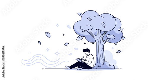 The power of nature to inspire creativity and calmness. A person sits peacefully under a large stylized tree, sketching in a notebook while soft leaves drift
