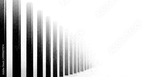 A row of vertical poles or lamps gradually disappearing into mist, off-center composition with negative space, black and white halftone illustration, dot