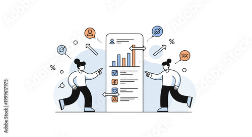 Social media platform comparison chart. A central vertical chart panel displays simple bars and icons for different platforms, with a character pointing at the