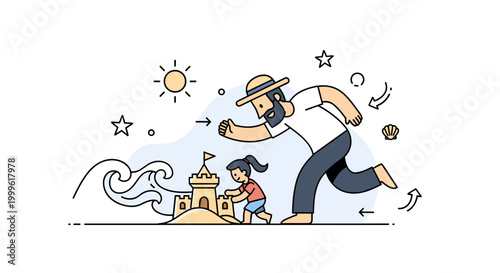 Beach holiday. A single parent and child build a sandcastle near a simple wave line, with a bright sun overhead. Tiny shells and star icons add a playful