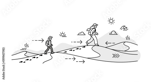 Desert journey. A lone traveler walks across dunes, guided by minimal footprints and directional arrows. Tiny sun and wave icons highlight heat and movement