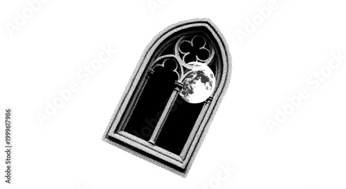 A gothic arch window with the moon partially obscured behind its frame, slightly tilted and cropped, monochrome halftone illustration, dense dot shading,