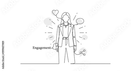 "Influencer Partnership". Minimalistic one-line drawing person showcasing outfit with subtle social media icons and engagement lines, continuous single black