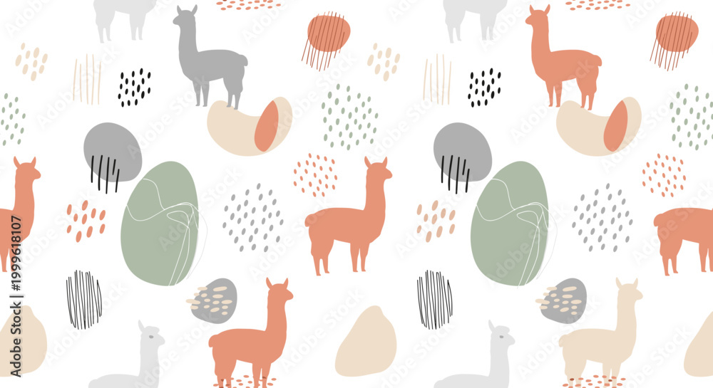 Obraz premium Minimal alpaca silhouettes with abstract shapes, seamless pattern, repeating pattern, surface design, textile print, soft color palette, modern illustration,