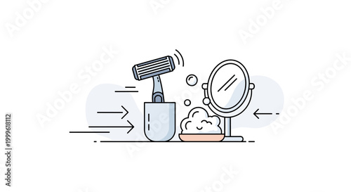 Daily grooming setup. A single razor rests in a compact holder, paired with simple icons like a mirror and foam bubbles. Subtle motion lines suggest routine