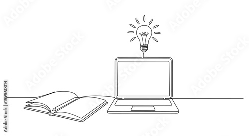 "Entrepreneur Workflow". Minimalistic one-line drawing desk scene with notebook, laptop, and idea lightbulb symbol, continuous single black line on white