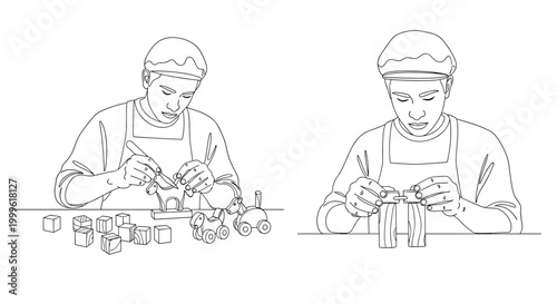 "Wooden Toy Making". Minimalistic one-line drawing artisan carving and assembling wooden toy pieces for children, continuous single black line on white