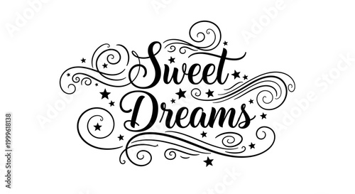 Sweet Dreams. lettering and all elements in black. Vector style. White background. Pure white background. Perfect isolation and visual consistency. Grunge