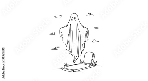 "Haunting Presence". Minimalistic one-line drawing ghostly figure hovering over burial site with subtle atmospheric lines, continuous single black line on