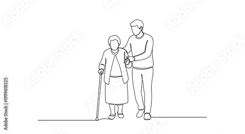 "Mobility Assistance". Minimalistic one-line drawing person helping family member walk with cane or walker, continuous single black line on white background,