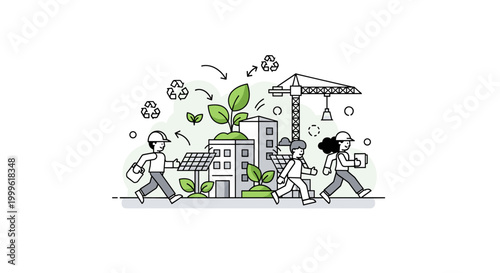 Sustainable renovation. A central structure is upgraded with green elements like plants and solar panels, while construction icons appear nearby. Tiny leaf