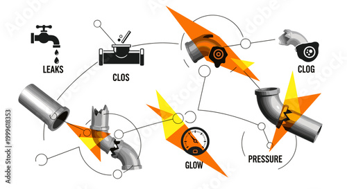 close-up of diagnostic chart with symbols for leaks, clogs, and pressure issues, monochrome icons and pipe fragments, abstract orange and yellow geometric