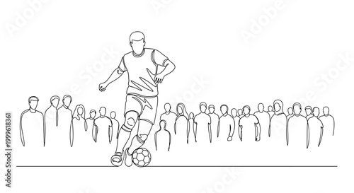 "Game Day Moment". Minimalistic one-line drawing player kicking or throwing ball with simple spectators in background, continuous single black line on white