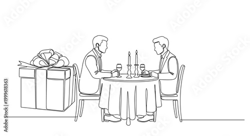 "Surprise Anniversary Dinner". Minimalistic one-line drawing couple at table with candles and hidden gift behind, continuous single black line on white