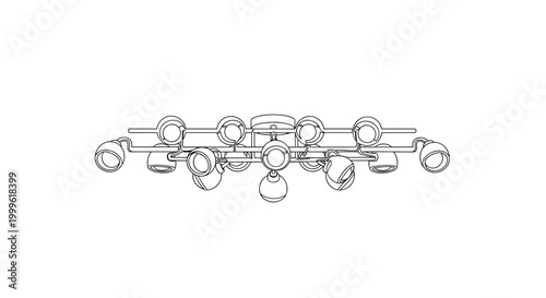 "Interior Light Design". Minimalistic one-line drawing ceiling fixture with multiple bulbs arranged symmetrically, continuous single black line on white