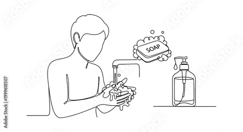 "Health Measures". Minimalistic one-line drawing person washing hands with soap and sanitizer icons nearby, continuous single black line on white background,