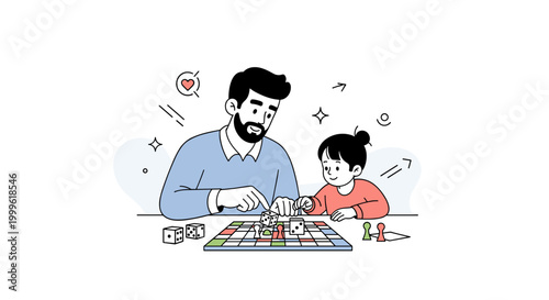 Family game evening. A simple table scene shows a parent and child focused on a colorful board, with dice and tokens scattered neatly. Tiny heart and sparkle