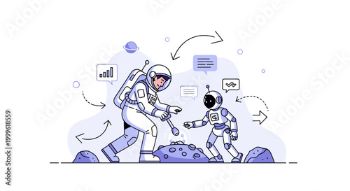Robots and AI assisting humans in space exploration. A human astronaut works alongside a small robotic assistant on an alien surface, both focused on a glowing