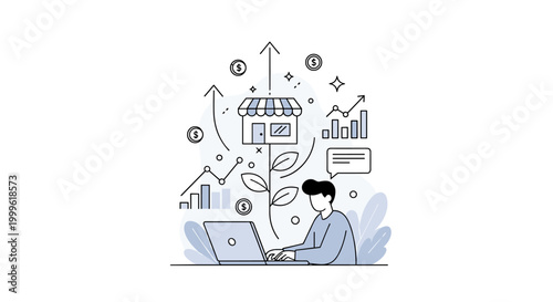 Building a successful online business. A person works on a laptop with a small storefront icon growing upward from the screen, surrounded by arrows and chart