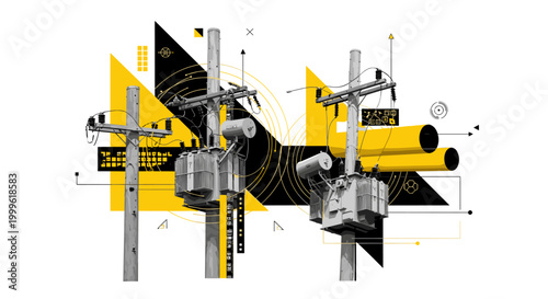 electric poles and transformers combined with digital symbols, black and white realistic textures, bold yellow and black geometric shapes emphasizing energy